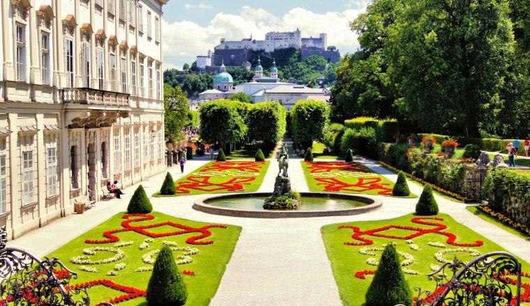 View through beautiful gardens to castle, Salzburg, Austria