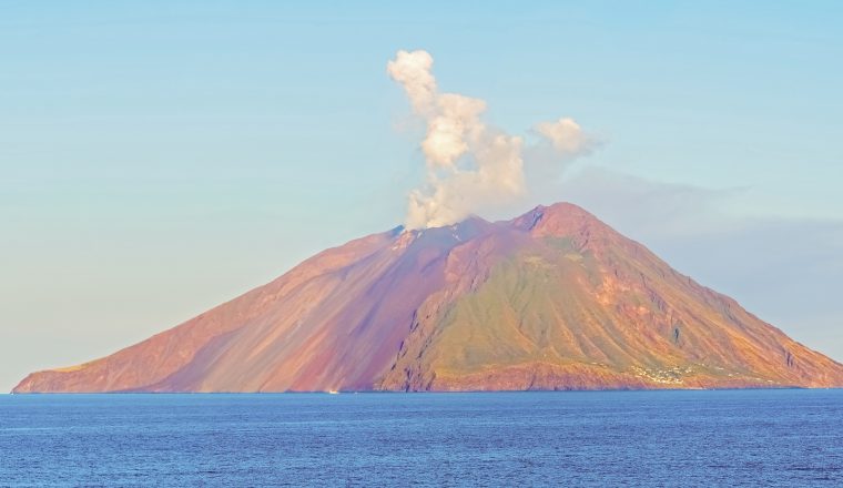 Island Stromboli by Tyrrhenian sea in Italy.