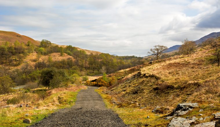 Rural gravel road in Scottish Highlands, West Highland Way. Beau