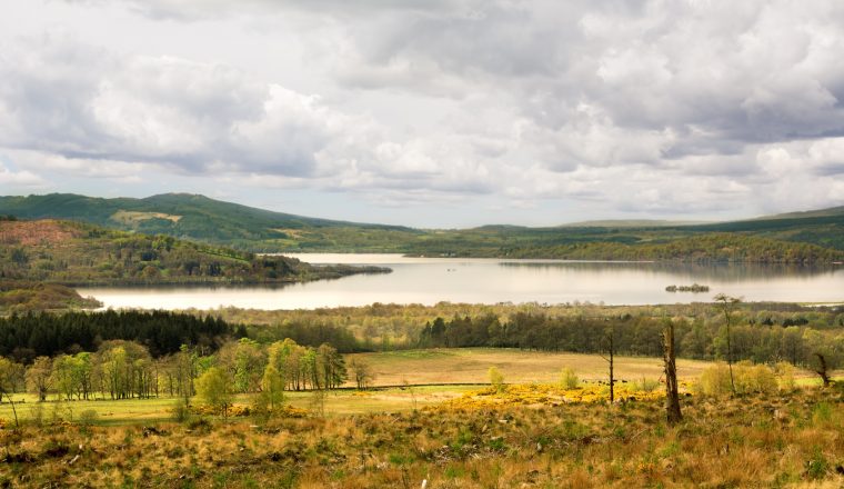 View over Loch Lomond, Scotland, from West Highland Way under dr