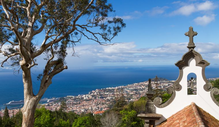 View of Funchal from the Monte. Chapel de la quinta do Monte in foreground,  Madeira, Portugal